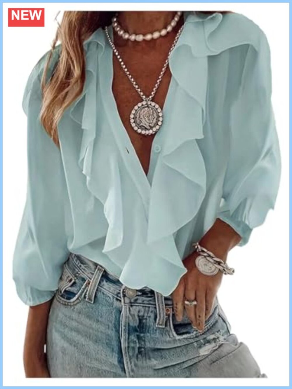 Women's Ruffled V-Neck Blouse Button Down 3/4 Sleeve Polyester